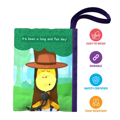 Colorful children’s fabric book with character in hat, easy to wash, durable, safe, tear-resistant