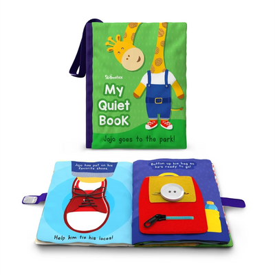 Fabric sensory activity book for children with giraffe character, shoe-tying, and buttoning