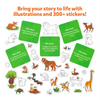 Educational story-writing kit with animal illustrations and stickers for kids ages 5-10