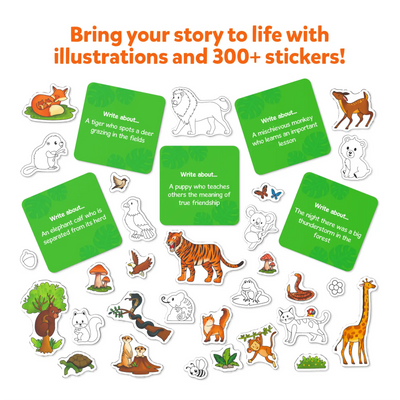 Educational story-writing kit with animal illustrations and stickers for kids ages 5-10