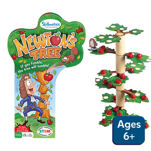 Image of Newtons Tree STEM toy for ages 6+ featuring a tree-shaped game board with apples and Isaac Newton character
