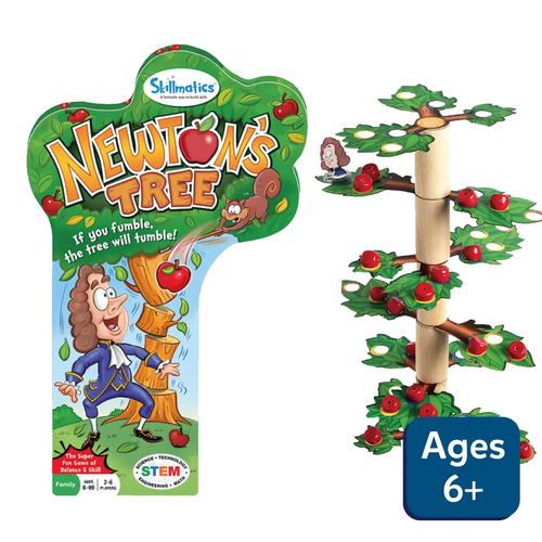 Image of Newtons Tree STEM toy for ages 6+ featuring a tree-shaped game board with apples and Isaac Newton character