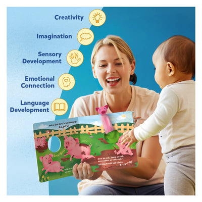 Interactive children’s book with pig puppet promoting learning in Stories & Sensory Fun Bundle