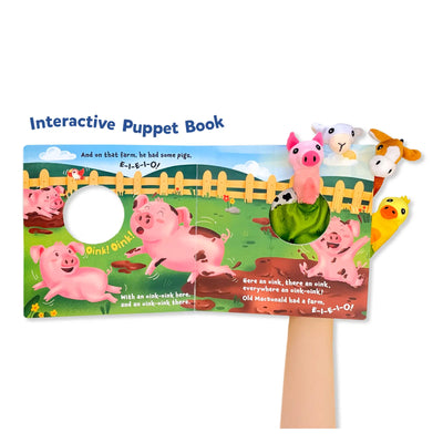 Colorful farm-themed interactive puppet book with finger puppets for toddlers