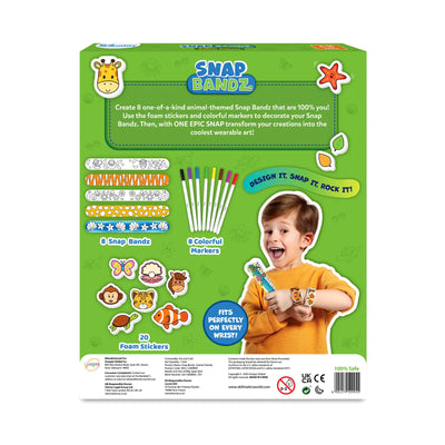Craft kit for creating personalized Snap Bandz animal-themed foam sticker bracelets with markers