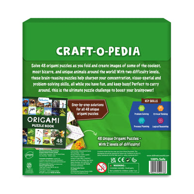 Green boxed origami puzzle book with 48 unique puzzles and step-by-step solutions