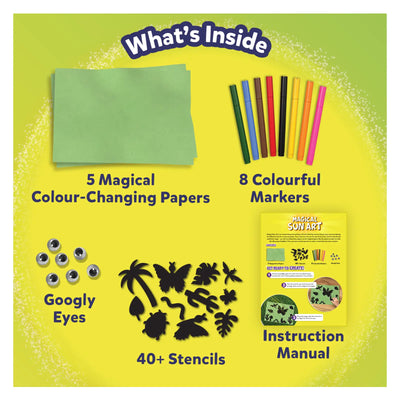 Art kit with magical color-changing papers, colorful markers, googly eyes, stencils, and manual for Magical Foil & Sun Art Bundle ages 4-12