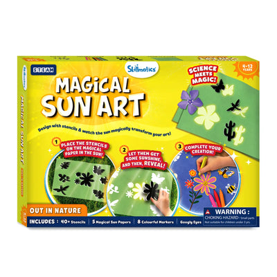Yellow Magical Sun Art kit box with stencils sun papers markers and googly eyes for ages 8-12