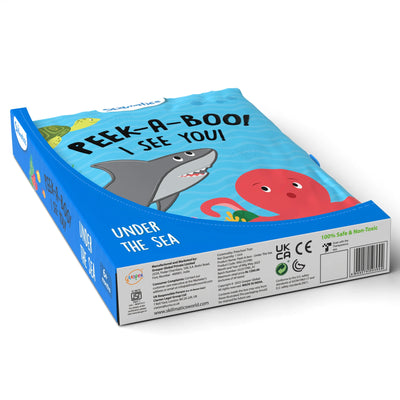 Children’s soft bath book with shark and octopus cover titled Peek-A-Boo I See You