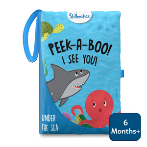Soft blue baby cloth book with under the sea theme featuring turtle shark and octopus
