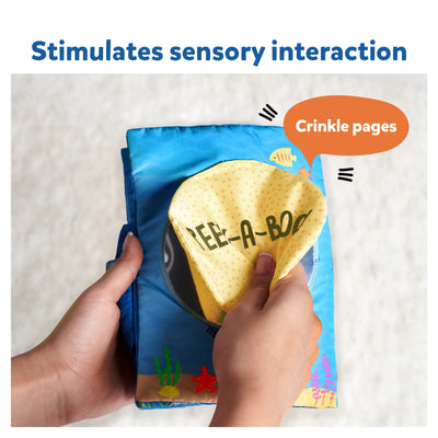 Fabric baby book with peek-a-boo flap and crinkle pages from Tiny Tots Sensory Bundle