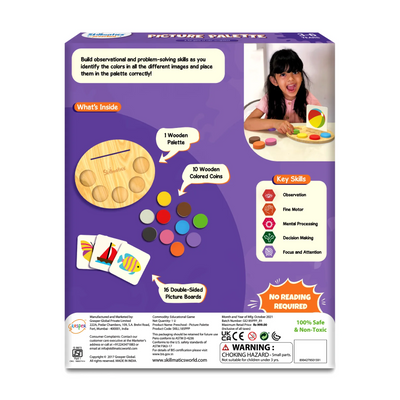 Children’s educational game Picture Palette with wooden palette, colored coins, and picture boards