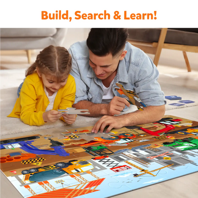 Colorful Construction Site Floor Puzzle being assembled by father and daughter for ages 3-7