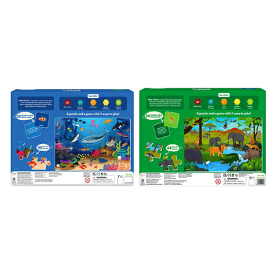 Two children’s puzzles with wildlife themes and game cards from Wildlife Wonders Puzzle Bundle
