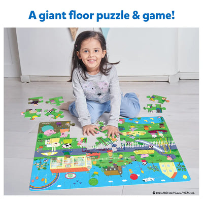 Colorful town scene floor puzzle with roads buildings and vehicles for kids ages 3-7