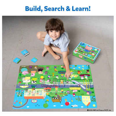 Child playing with vibrant illustrated Peppa Pig floor puzzle from Piece & Play product