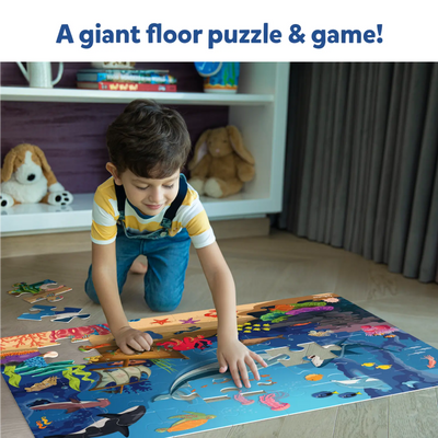 Child assembling colorful ocean-themed marine animals floor puzzle from Piece & Play Underwater Animals game