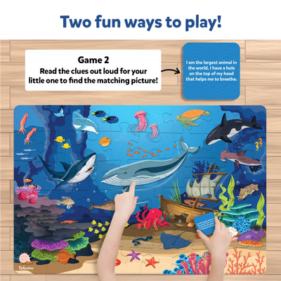 Interactive ocean-themed puzzle for children with sea creatures and clue card gameplay