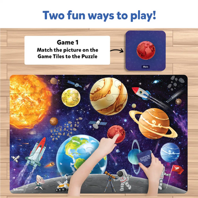 Children’s solar system puzzle with interactive game tiles from Piece & Play Up In Space