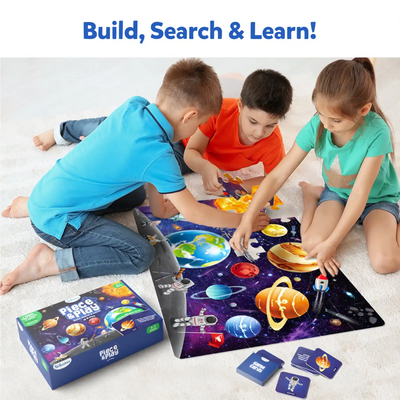 Solar system-themed floor puzzle with space cards for children ages 3 to 7
