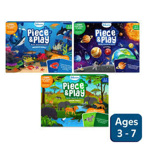 Educational Piece & Play puzzle and game sets for ages 3-7 with underwater animals, space, and animals themes