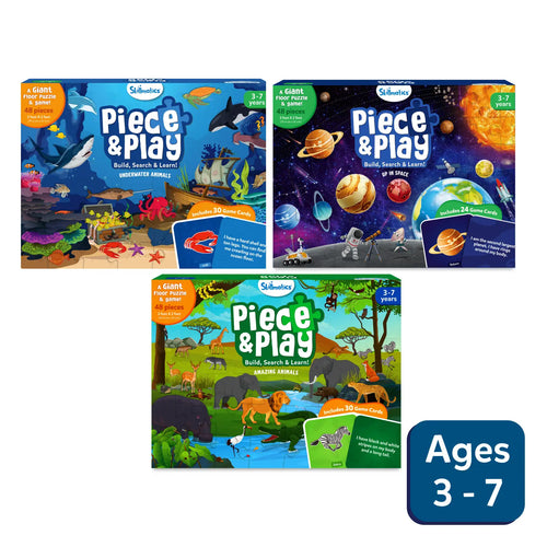 Educational Piece & Play puzzle and game sets for ages 3-7 with underwater animals, space, and animals themes