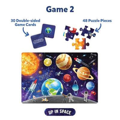Space-themed educational game with 30 double-sided cards and a 48-piece puzzle for kids