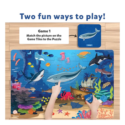 Underwater-themed wooden puzzle with sea creatures and child’s hands from Piece & Play pack