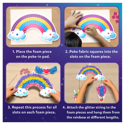Rainbow-themed fabric square and glitter string craft instructions for Kids’ Poke-in Art kit
