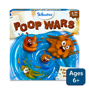 Poop Wars card game with cartoon fecal characters in water for ages 6+