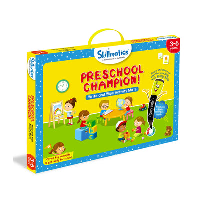 Yellow and blue Preschool Champion activity mat set for ages 3-6 with write-and-wipe pen