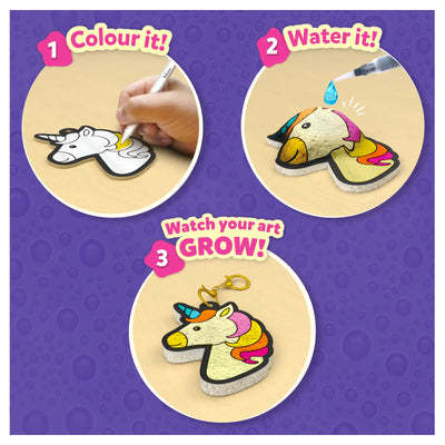 DIY unicorn keychain craft kit with coloring and watering to grow 3D art for kids