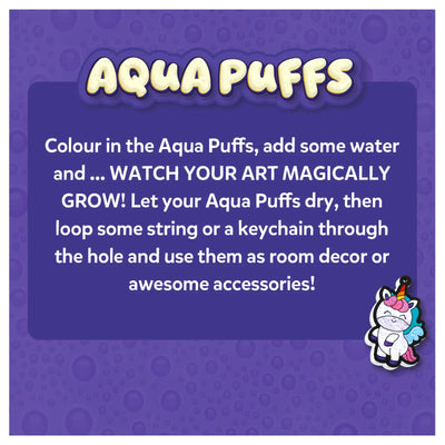 Instructions for using Aqua Puffs colorful water-activated art pieces for decor or accessories