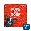 Red board game box with cartoon dog and Pups in a Soup title for a fast-paced card game