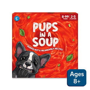 Red board game box with cartoon dog and Pups in a Soup title for a fast-paced card game