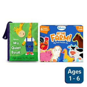 Educational toys for children including a quiet book and Farm-themed puzzle set in Little Ones Starter Combo