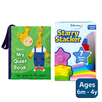 Colorful stack and read combo with a giraffe in overalls and star-shaped silicone stackers