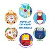Colorful Stack and Read Combo activity board with six interactive elements for kids