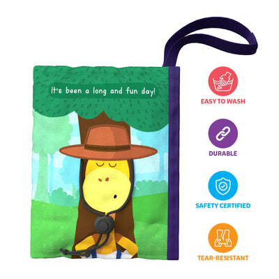 Soft fabric activity book with cartoon character, washable, durable, safety certified for ages 6m-4y