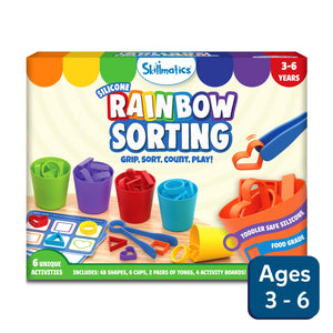 Silicone Rainbow Sorting toy for toddlers with shapes cups tongs and activity boards