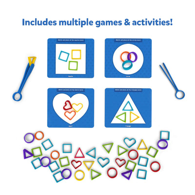 Children’s Silicone Rainbow Sorting toy with colored shapes, activity cards, and tongs