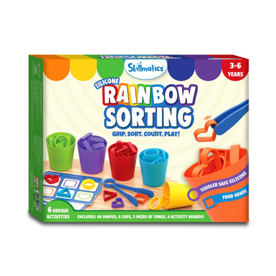 Skillmatics Silicone Rainbow Sorting Toy for children ages 3-6 with shapes, cups, tongs, and activity boards