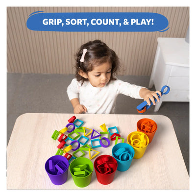 Colorful geometric shapes and cups toy for fine motor and sorting skills development