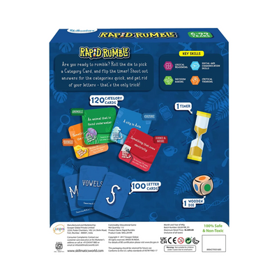 Blue-themed Rapid Rumble board game box with cards, timer, and wooden die for ages 6+