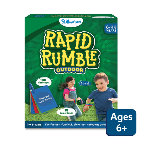 Green Rapid Rumble Outdoor game box with two children playing and bold yellow lettering