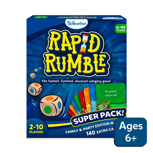 Blue Rapid Rumble Superpack box with dice, cards, and hourglass for family fun
