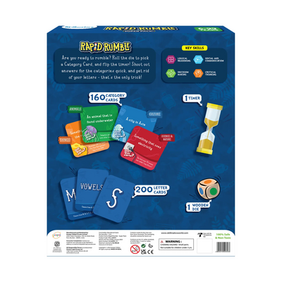 Back of Rapid Rumble Superpack board game box showing colorful artwork and game details