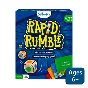 Blue and yellow Rapid Rumble board game box for ages 6 and up, 2-5 players