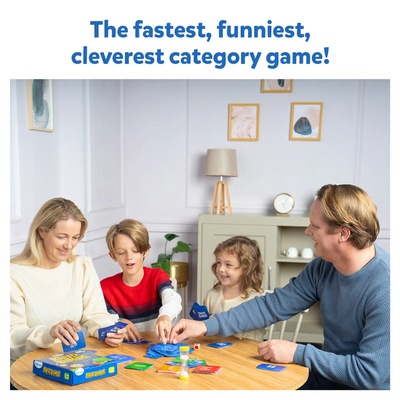 Family playing Rapid Rumble board game at wooden table for ages 6 and up