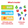 Children’s educational toy set with word-spelling boards and wooden letters for ages 4-7